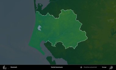 Varde Kommune. Danimarka 'nın idari alanı koyu renkli bir yükseklik haritasına vurgulandı ve özetlendi