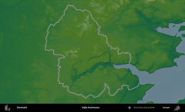Vejle Kommune. Danimarka 'nın idari alanı renkli bir yükseklik haritasında özetlenmiştir