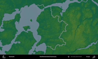 Vesthimmerlands Kommune. Danimarka 'nın idari alanı renkli bir yükseklik haritasında özetlenmiştir