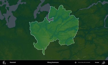Viborg Kommune. Danimarka 'nın idari alanı koyu renkli bir yükseklik haritasına vurgulandı ve özetlendi