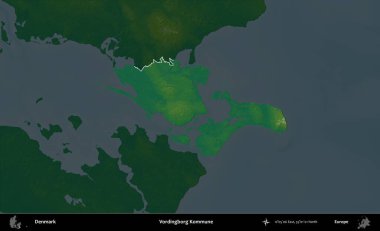 Vordingborg Kommune. Danimarka 'nın idari alanı koyu renkli bir yükseklik haritasına vurgulandı ve özetlendi