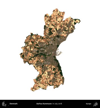 Aarhus Kommune. Danimarka 'nın idari bölgesi, Temmuz 2018' de çekilen Kopernik Nöbetçi karolarından oluşan bir uydu görüntüsü ile beyaza izole edildi.