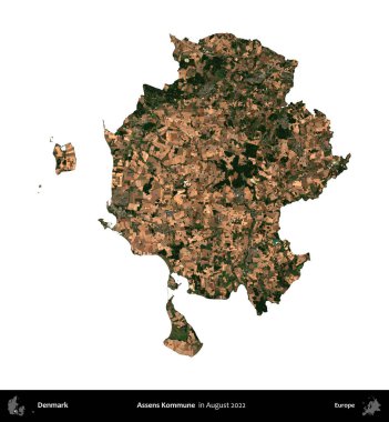 Assens Kommune. Danimarka 'nın idari bölgesi, Ağustos 2022' de çekilen Kopernik Nöbetçi karolarından oluşan bir uydu görüntüsü ile beyaza izole edildi.