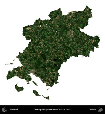 İbne-Midtfyn Kommune. Danimarka 'nın idari bölgesi, Haziran 2022' de çekilen Kopernik Nöbetçi karolarından oluşan bir uydu görüntüsü üzerinde beyaz üzerine izole edilmiştir.