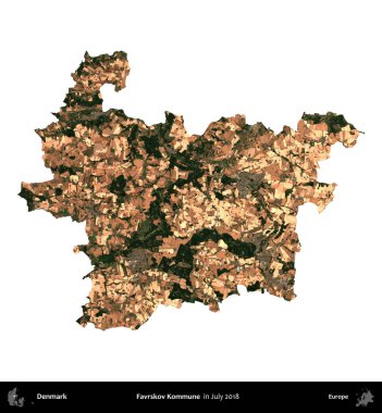 Favrskov Kommune. Danimarka 'nın idari bölgesi, Temmuz 2018' de çekilen Kopernik Nöbetçi karolarından oluşan bir uydu görüntüsü ile beyaza izole edildi.