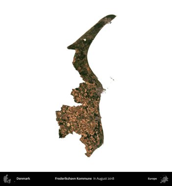 Frederikshavn Kommune. Danimarka 'nın idari bölgesi, Ağustos 2018' de çekilen Kopernik Nöbetçi karolarından oluşan bir uydu görüntüsü ile beyaza izole edildi.