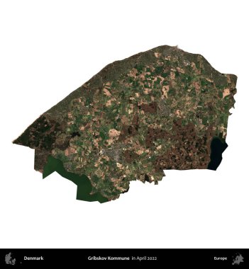 Gribskov Kommune. Danimarka 'nın idari bölgesi, Nisan 2022' de çekilen Kopernik Nöbetçi karolarından oluşan bir uydu görüntüsü ile beyaza izole edilmiştir.