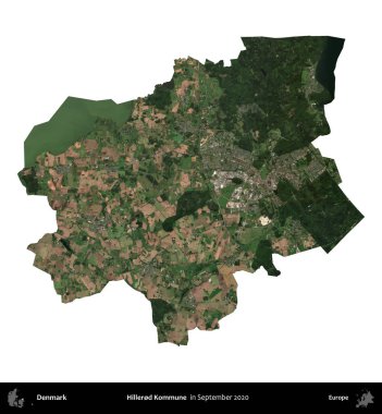 Hillered Kommune. Danimarka 'nın idari bölgesi, Eylül 2020' de çekilen Kopernik Nöbetçi karolarından oluşan bir uydu görüntüsü ile beyaza izole edildi.