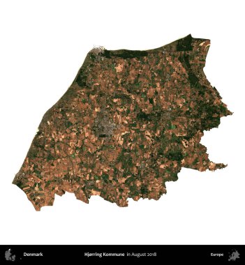 Hjorring Kommune. Danimarka 'nın idari bölgesi, Ağustos 2018' de çekilen Kopernik Nöbetçi karolarından oluşan bir uydu görüntüsü ile beyaza izole edildi.