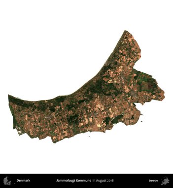 Jammerbugt Kommune. Danimarka 'nın idari bölgesi, Ağustos 2018' de çekilen Kopernik Nöbetçi karolarından oluşan bir uydu görüntüsü ile beyaza izole edildi.