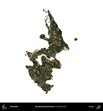 Kerteminde Kommune. Danimarka 'nın idari bölgesi, Nisan 2023' te çekilen Kopernik Nöbetçi karolarından oluşan bir uydu görüntüsü ile beyaza izole edildi.