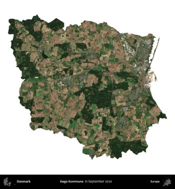 Koge Kommune. Danimarka 'nın idari bölgesi, Eylül 2020' de çekilen Kopernik Nöbetçi karolarından oluşan bir uydu görüntüsü ile beyaza izole edildi.