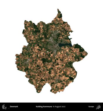 Kolding Kommune. Danimarka 'nın idari bölgesi, Ağustos 2022' de çekilen Kopernik Nöbetçi karolarından oluşan bir uydu görüntüsü ile beyaza izole edildi.