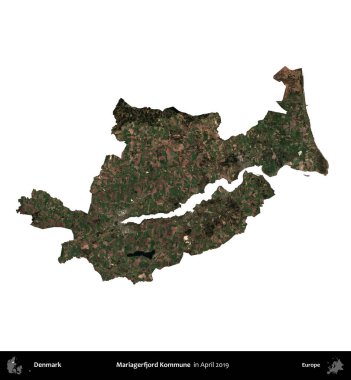 Mariagerfjord Kommune. Danimarka 'nın idari bölgesi, Nisan 2019' da çekilen Kopernik Nöbetçi karolarından oluşan bir uydu görüntüsü ile beyaza izole edilmiştir.
