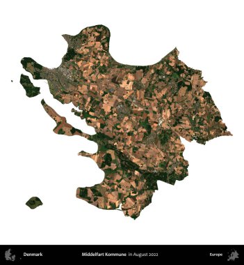 Middelosuruk Kommune. Danimarka 'nın idari bölgesi, Ağustos 2022' de çekilen Kopernik Nöbetçi karolarından oluşan bir uydu görüntüsü ile beyaza izole edildi.
