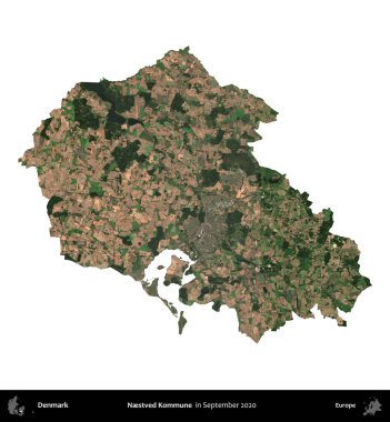 Yuvalı Kommune. Danimarka 'nın idari bölgesi, Eylül 2020' de çekilen Kopernik Nöbetçi karolarından oluşan bir uydu görüntüsü ile beyaza izole edildi.