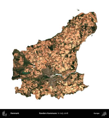 Randers Kommune. Danimarka 'nın idari bölgesi, Temmuz 2018' de çekilen Kopernik Nöbetçi karolarından oluşan bir uydu görüntüsü ile beyaza izole edildi.