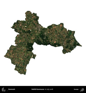 Rebild Kommune. Danimarka 'nın idari bölgesi, Temmuz 2018' de çekilen Kopernik Nöbetçi karolarından oluşan bir uydu görüntüsü ile beyaza izole edildi.