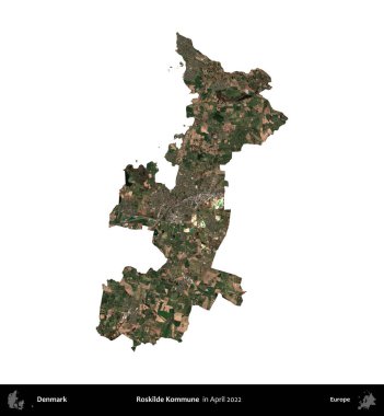 Roskilde Kommune. Danimarka 'nın idari bölgesi, Nisan 2022' de çekilen Kopernik Nöbetçi karolarından oluşan bir uydu görüntüsü ile beyaza izole edilmiştir.