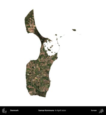 Samso Kommune. Danimarka 'nın idari bölgesi, Nisan 2020' de çekilen Kopernik Nöbetçi karolarından oluşan bir uydu görüntüsü ile beyaza izole edildi.