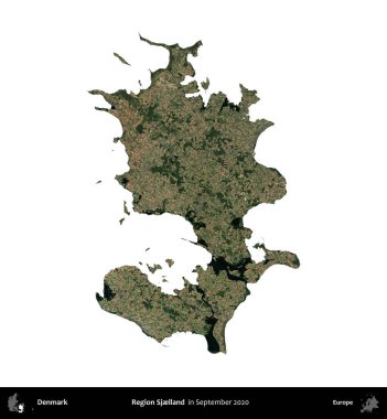 Sjelland Bölgesi. Danimarka 'nın idari bölgesi, Eylül 2020' de çekilen Kopernik Nöbetçi karolarından oluşan bir uydu görüntüsü ile beyaza izole edildi.