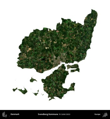 Svendborg Kommune. Danimarka 'nın idari bölgesi, Haziran 2022' de çekilen Kopernik Nöbetçi karolarından oluşan bir uydu görüntüsü üzerinde beyaz üzerine izole edilmiştir.