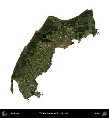 Thisted Kommune. Danimarka 'nın idari bölgesi, Temmuz 2018' de çekilen Kopernik Nöbetçi karolarından oluşan bir uydu görüntüsü ile beyaza izole edildi.