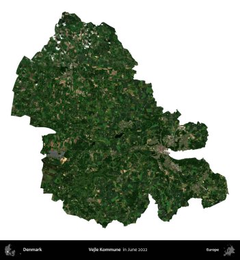 Vejle Kommune. Danimarka 'nın idari bölgesi, Haziran 2022' de çekilen Kopernik Nöbetçi karolarından oluşan bir uydu görüntüsü üzerinde beyaz üzerine izole edilmiştir.