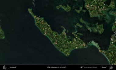 Aro Kommune. Danimarka 'nın idari bölgesi, Haziran 2022' de çekilen Kopernik Sentinel karolarından oluşan bir uydu görüntüsü üzerine kurulmuştur.