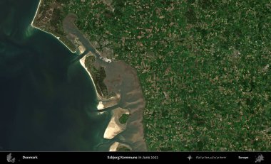 Esbjerg Kommune. Danimarka 'nın idari bölgesi, Haziran 2022' de çekilen Kopernik Sentinel karolarından oluşan bir uydu görüntüsü üzerine kurulmuştur.