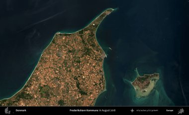 Frederikshavn Kommune. Kopernik Sentinel 'in Ağustos 2018' de çekilmiş uydu görüntüsü üzerine Danimarka 'nın idari bölgesi.