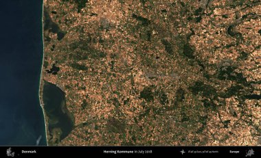 Herning Kommune. Kopernik Sentinel 'in Temmuz 2018' de çekilmiş uydu görüntüsü üzerine Danimarka 'nın idari bölgesi