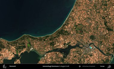 Jammerbugt Kommune. Kopernik Sentinel 'in Ağustos 2018' de çekilmiş uydu görüntüsü üzerine Danimarka 'nın idari bölgesi.
