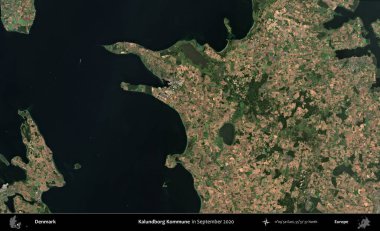 Kalundborg Kommune. Danimarka 'nın idari bölgesi, Eylül 2020' de çekilen Kopernik Nöbetçi karolarından oluşan bir uydu görüntüsü üzerine kurulmuştur.