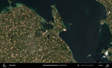 Kerteminde Kommune. Danimarka 'nın idari bölgesi Nisan 2023' te çekilen Kopernik Nöbetçi karolarından oluşan bir uydu görüntüsü üzerine kurulmuştur.