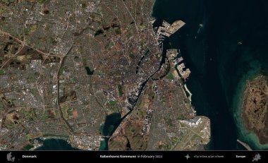 Kobenhavns Kommune. Danimarka 'nın idari bölgesi, Şubat 2022' de çekilen Kopernik Sentinel karolarından oluşan bir uydu görüntüsü üzerine kurulmuştur.