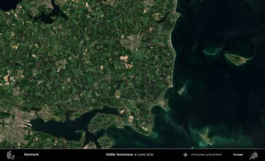 Garip Kommune. Danimarka 'nın idari bölgesi, Haziran 2020' de çekilen Kopernik Sentinel karolarından oluşan bir uydu görüntüsü üzerine kurulmuştur.