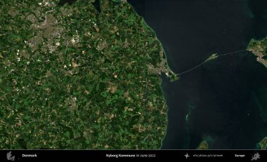 Nyborg Kommune. Danimarka 'nın idari bölgesi, Haziran 2022' de çekilen Kopernik Sentinel karolarından oluşan bir uydu görüntüsü üzerine kurulmuştur.