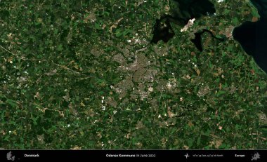 Odense Kommune. Danimarka 'nın idari bölgesi, Haziran 2022' de çekilen Kopernik Sentinel karolarından oluşan bir uydu görüntüsü üzerine kurulmuştur.