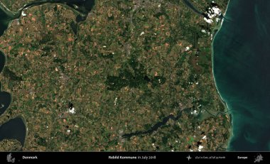 Rebild Kommune. Kopernik Sentinel 'in Temmuz 2018' de çekilmiş uydu görüntüsü üzerine Danimarka 'nın idari bölgesi