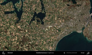 Roskilde Kommune. Danimarka 'nın idari alanı Nisan 2022' de çekilen Kopernik Sentinel karolarından oluşan bir uydu görüntüsü üzerine kurulmuştur.