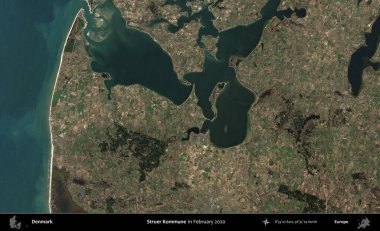 Struer Kommune. Danimarka 'nın idari bölgesi, Şubat 2020' de çekilen Kopernik Nöbetçi karolarından oluşan bir uydu görüntüsü üzerine kurulmuştur.