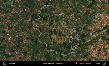 Billund Kommune. Danimarka 'nın idari bölgesi, Ağustos 2022' de çekilen Kopernik Nöbetçi Fayanslarından oluşan bir uydu görüntüsü ile özetlenmiştir.