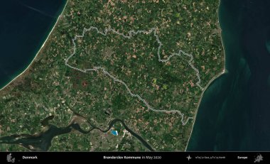 Bronderslev Kommune. Danimarka 'nın idari bölgesi, Mayıs 2020' de çekilen Kopernik Nöbetçi Fayanslarından oluşan bir uydu görüntüsünde özetlenmiştir.