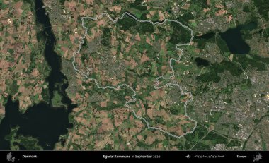 Egedal Kommune. Danimarka 'nın idari bölgesi, Eylül 2020' de çekilen Kopernik Nöbetçi Fayanslarından oluşan bir uydu görüntüsünde özetlenmiştir.
