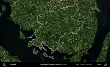 İbne-Midtfyn Kommune. Danimarka 'nın idari bölgesi, Haziran 2022' de çekilen Kopernik Nöbetçi Fayanslarından oluşan bir uydu görüntüsü ile özetlenmiştir.