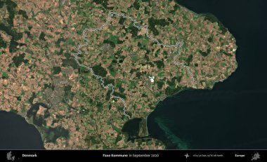 Faxe Kommune. Danimarka 'nın idari bölgesi, Eylül 2020' de çekilen Kopernik Nöbetçi Fayanslarından oluşan bir uydu görüntüsünde özetlenmiştir.