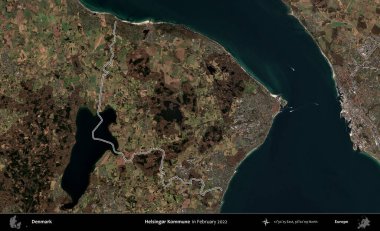 Helsingor Kommune. Danimarka 'nın idari bölgesi, Şubat 2022' de çekilen Kopernik Nöbetçi Fayanslarından oluşan bir uydu görüntüsünde özetlenmiştir.