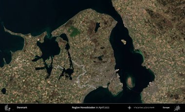 Bölge Hovedstaden. Danimarka 'nın idari bölgesi Nisan 2022' de çekilen Kopernik Nöbetçi Karolarından oluşan bir uydu görüntüsüyle özetlenmiştir.