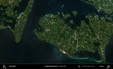 Lolland Kommune. Danimarka 'nın idari bölgesi, Haziran 2022' de çekilen Kopernik Nöbetçi Fayanslarından oluşan bir uydu görüntüsü ile özetlenmiştir.